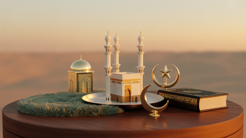 Ilustrasi rukun islam dengan simbol-simbol Islam