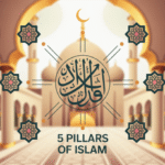 Ilustrasi 5 rukun Islam dengan simbol masing-masing rukun