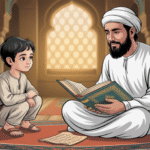 Ilustrasi Ali bin Abi Thalib kecil bersama Nabi Muhammad dalam proses pendidikan Islam