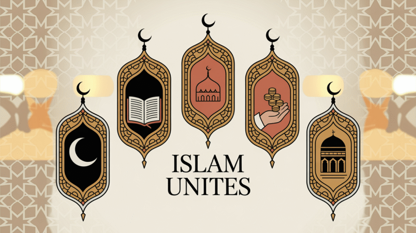 Ilustrasi 5 rukun Islam dengan simbol-simbol representatif