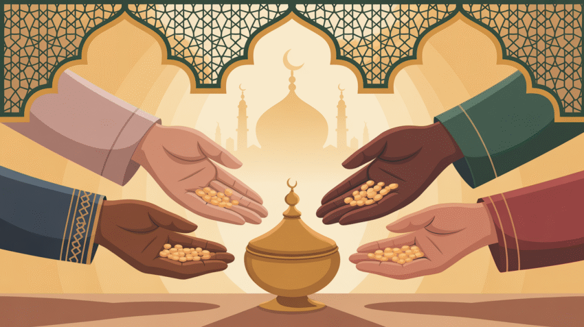 Ilustrasi sedekah subuh dengan tangan memberikan sedekah di waktu fajar