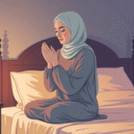 Ilustrasi muslimah berdoa sebelum tidur dengan cahaya lembut di kamar