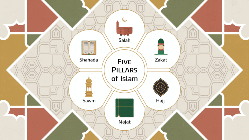 Ilustrasi 5 Rukun Islam dengan simbol setiap pilar