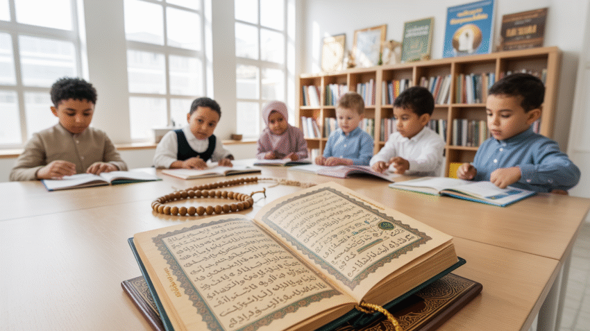 Ilustrasi pembelajaran Pendidikan Agama Islam dalam bahasa Inggris dengan buku dan simbol islam