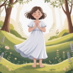 Ilustrasi orang bersyukur dengan latar alam yang indah dan cahaya matahari