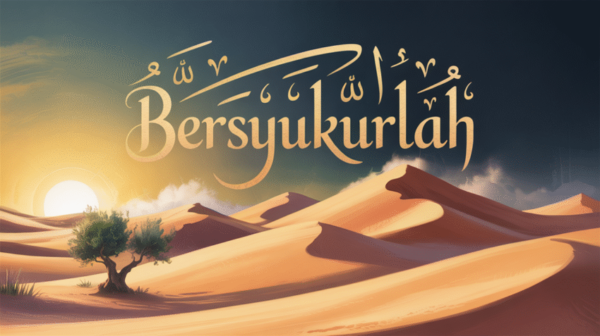 Ilustrasi lirik lagu Bersyukurlah dengan latar belakang alam dan tulisan syukur