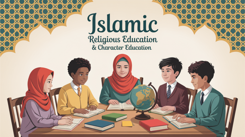 Buku Pendidikan Agama Islam dan Budi Pekerti dengan ilustrasi siswa belajar