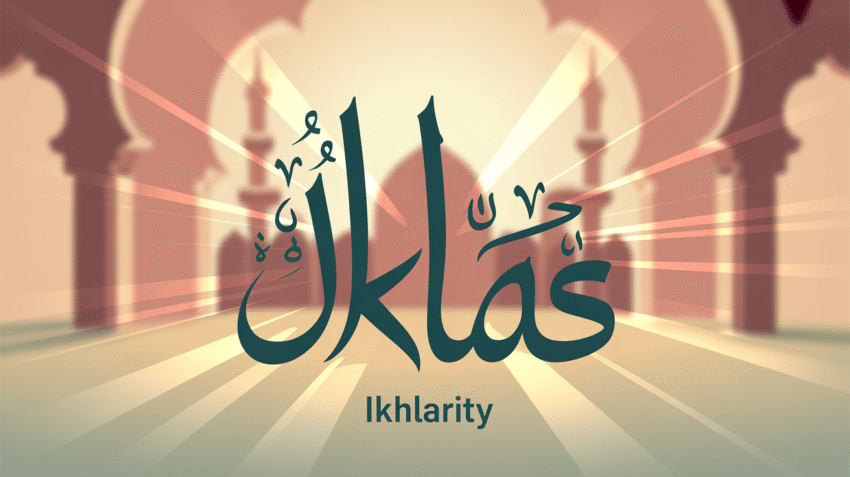 Ilustrasi konsep ikhlas dalam Islam dengan kaligrafi Arab dan cahaya spiritual