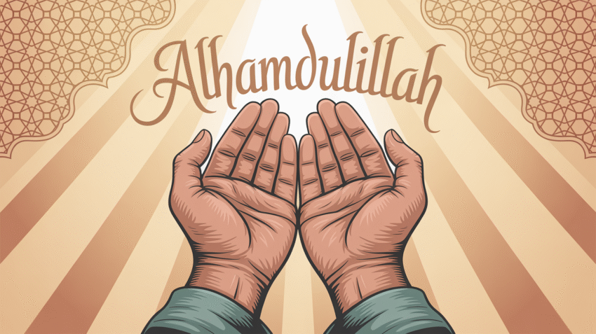 Ilustrasi tangan berdoa dengan cahaya keemasan simbol syukur dalam Islam