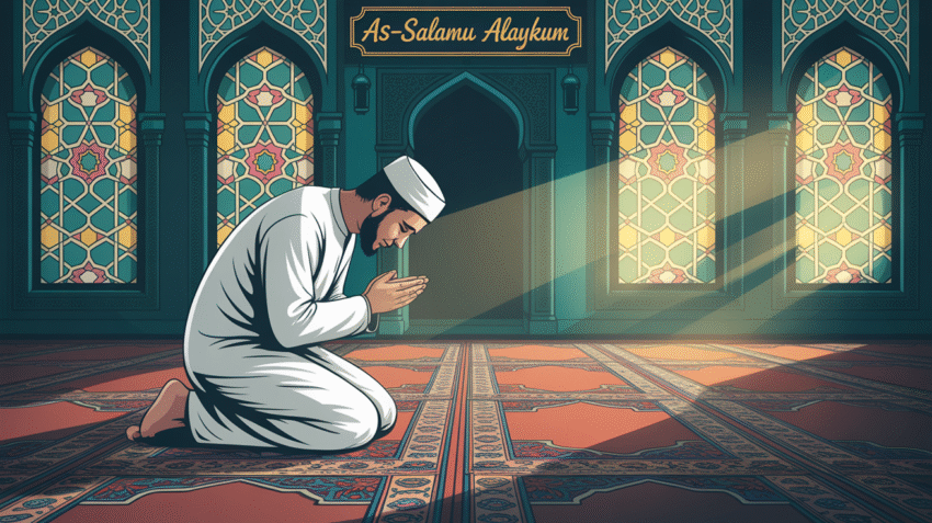 Ilustrasi orang berdoa di hari Jumat dengan latar masjid yang tenang