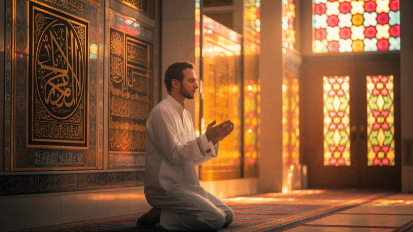 Ilustrasi suasana Jumat sore dengan orang berdoa di masjid