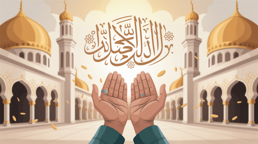 Ilustrasi doa untuk kesembuhan penyakit dengan background kaligrafi arab