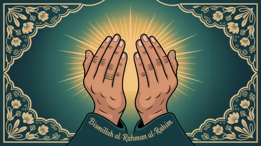 Ilustrasi doa keberkahan rezeki dan keselamatan dengan tangan berdoa dan cahaya spiritual
