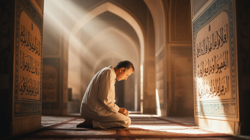 Ilustrasi doa kesembuhan diri sendiri dengan latar masjid dan cahaya ilahi