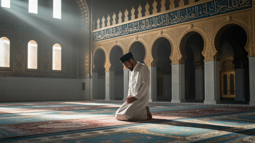 Ilustrasi doa selamat dunia dan akhirat dengan latar masjid dan cahaya ilahi