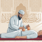 Ilustrasi bekam sesuai sunnah Nabi dengan peralatan tradisional dan latar islami