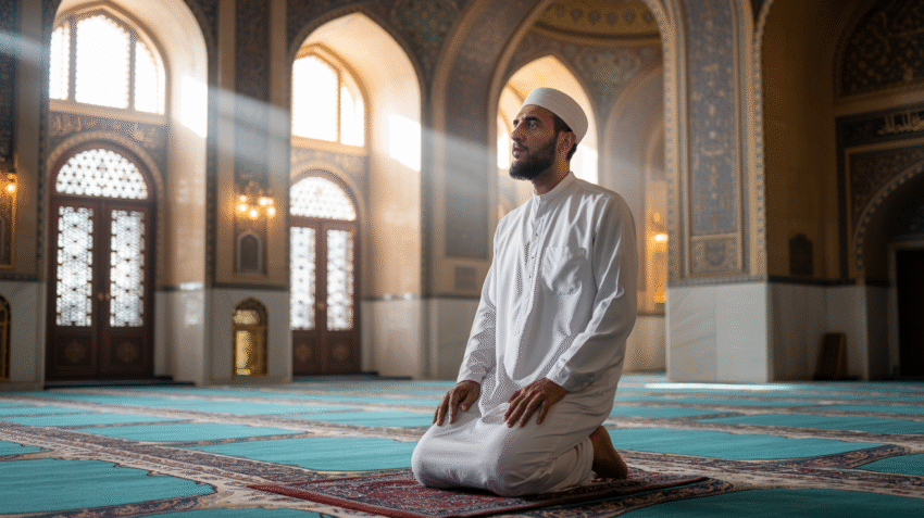 Ilustrasi muslim sedang shalat dengan latar masjid yang indah