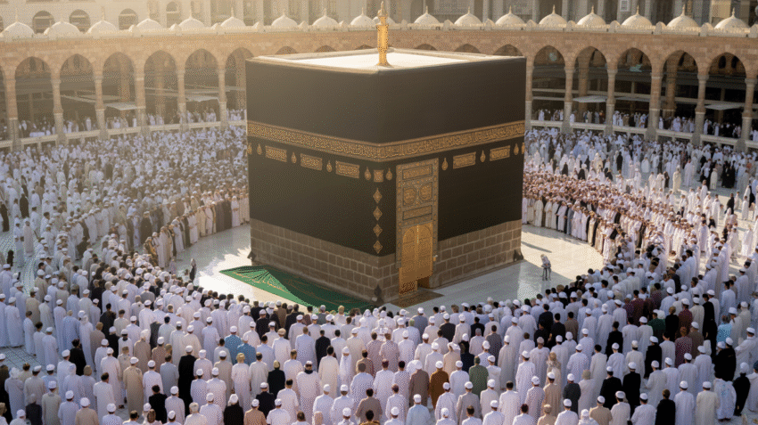 Ka'bah dengan jamaah haji melakukan tawaf di Masjidil Haram