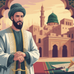 Ilustrasi Umar bin Khattab sebagai pemimpin Islam dengan latar kota Madinah kuno
