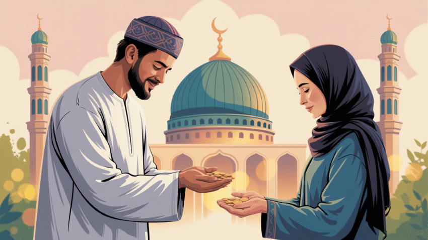 Ilustrasi sedekah subuh di masjid dengan cahaya matahari pagi
