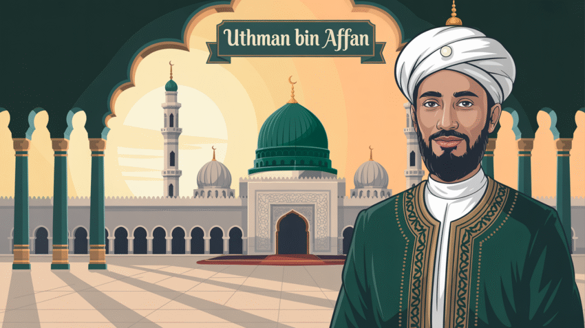 Ilustrasi Utsman bin Affan dengan latar belakang sejarah Islam