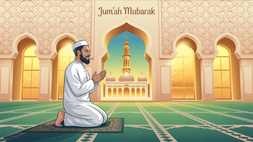 Ilustrasi seseorang sedang berdoa di hari Jumat dengan latar masjid