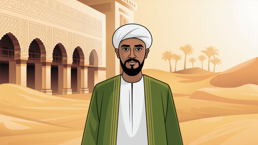 Ilustrasi Umar bin Khattab dengan latar belakang Masjid Nabawi