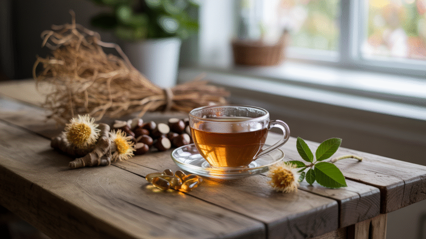 Obat herbal ambeien diminum dalam bentuk teh dan kapsul dengan latar belakang alami