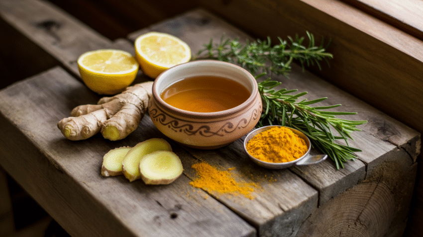 Berbagai jenis obat herbal pilek tradisional seperti jahe, madu, lemon, dan rempah-rempah di atas kayu alami