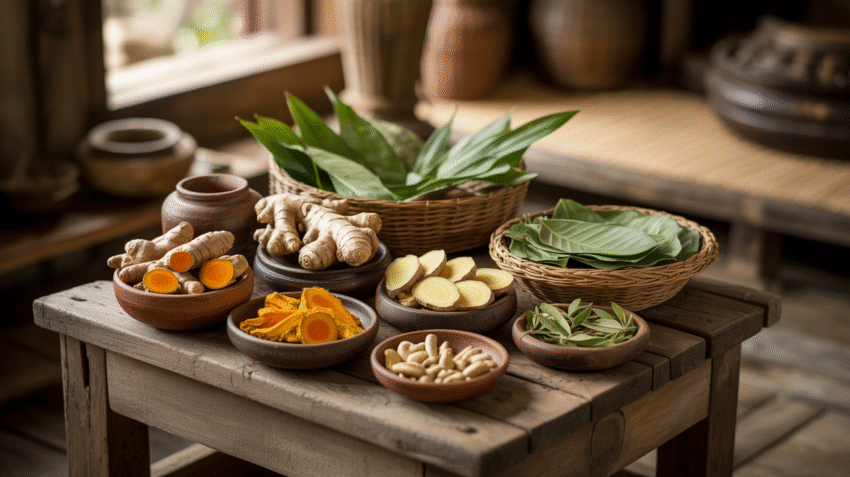 Berbagai jenis obat herbal rematik tradisional yang disusun rapi di atas meja kayu