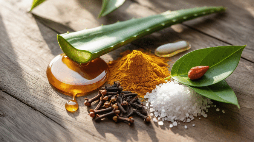 Berbagai bahan herbal alami untuk mengobati sariawan seperti madu, lidah buaya, dan daun sirih