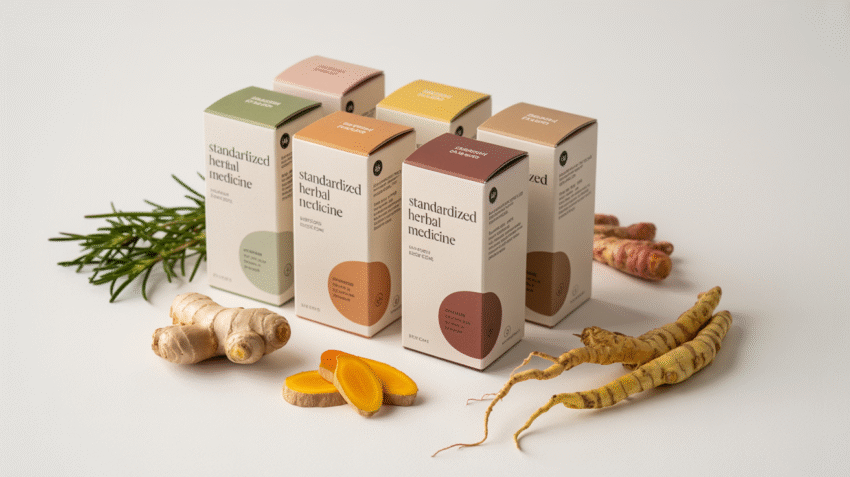 Obat herbal terstandar dalam kemasan modern dengan tanaman herbal segar