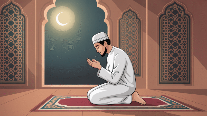 Ilustrasi seseorang sedang melaksanakan shalat tahajjud di malam hari dengan suasana tenang dan khusyuk