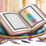 Ilustrasi pelajaran tajwid dengan mushaf Al-Qur'an terbuka dan diagram makharijul huruf