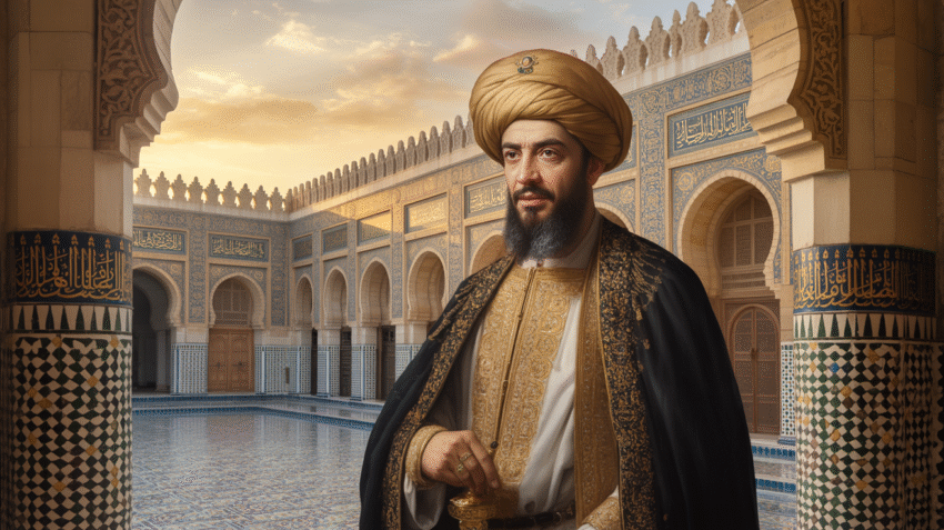 Potret Abu al-Abbas as-Saffah, pendiri Dinasti Abbasiyah dengan latar istana kekhalifahan