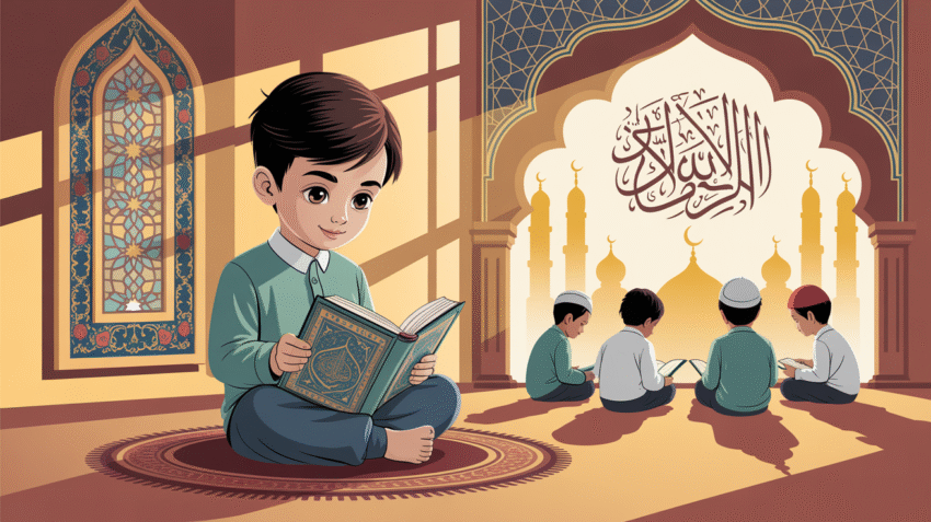 Ilustrasi konsep pendidikan Islam dengan simbol Al-Quran, masjid, dan proses belajar mengajar