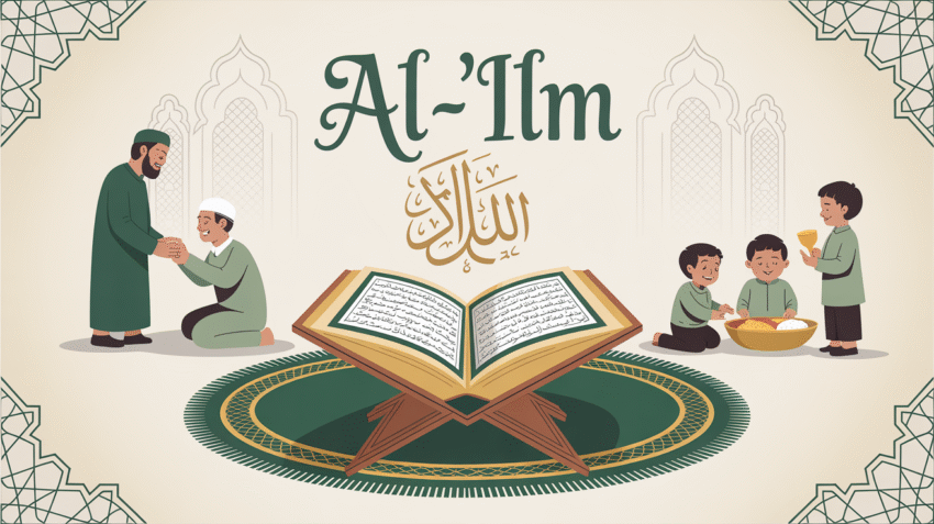 Ilustrasi ruang lingkup pendidikan agama Islam dengan simbol akidah, ibadah, dan akhlak