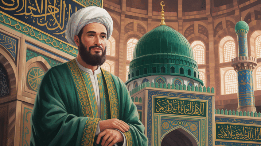 Potret ilustrasi Sayyidina Ali bin Abi Thalib dengan kaligrafi Arab