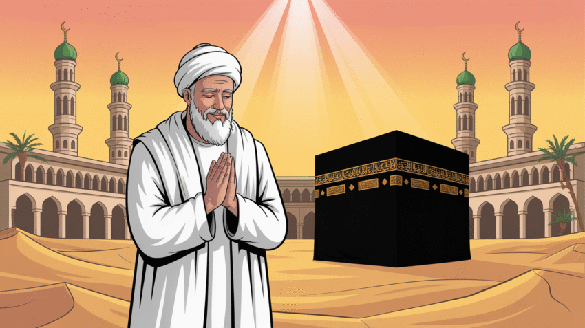Ilustrasi Nabi Ibrahim berdiri di depan Ka'bah dengan latar gurun pasir