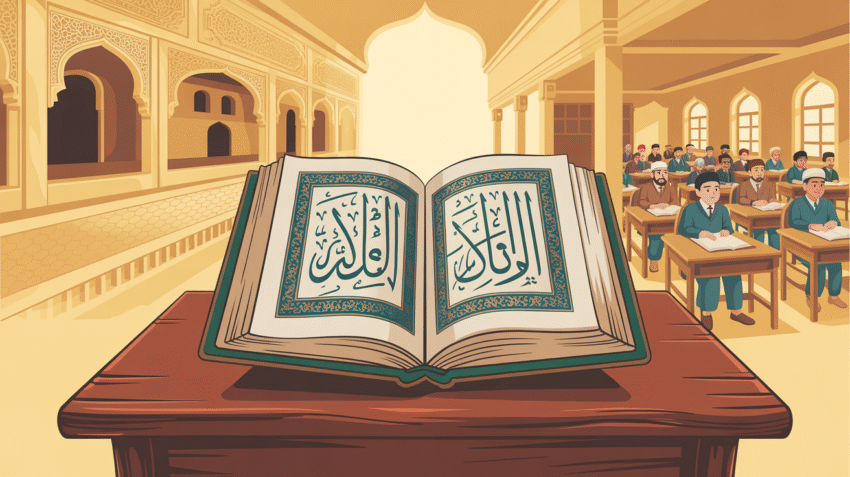 Ilustrasi sejarah pendidikan Islam dengan gambar manuskrip kuno dan siswa belajar