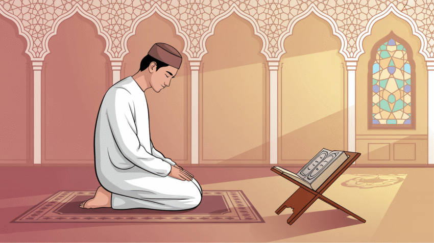 Ilustrasi seseorang sedang melaksanakan shalat sunnah ghairu muakkad dengan khusyuk