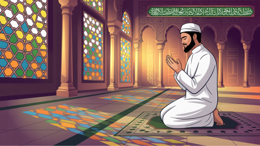 Ilustrasi seseorang sedang melaksanakan shalat sunnah di masjid
