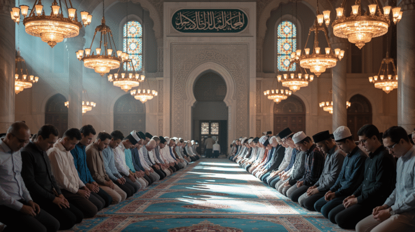 Jamaah shalat tarawih di masjid dengan suasana Ramadan yang khusyuk