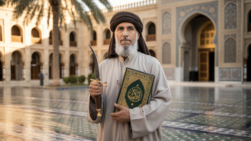 Ilustrasi Ali bin Abi Thalib dengan latar masjid kuno