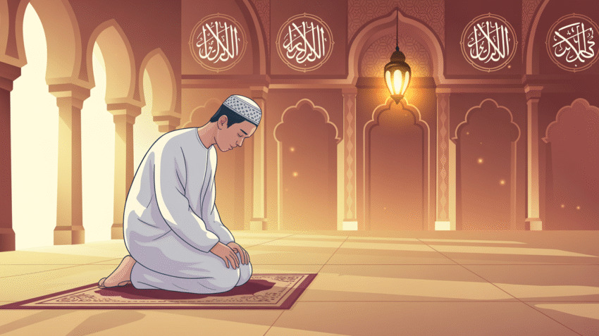 Ilustrasi muslim sedang berdoa dengan latar masjid yang indah