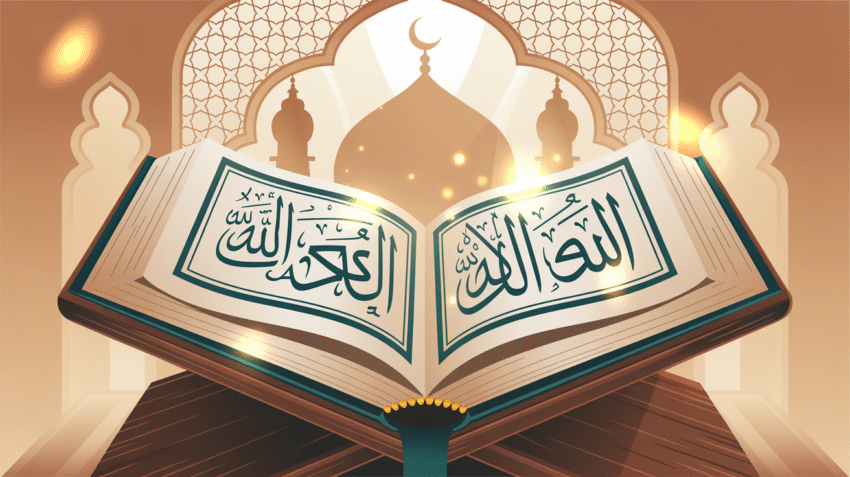 Ilustrasi buku doa dengan latar masjid dan cahaya ilahi