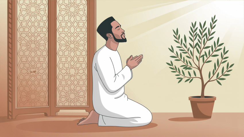 Ilustrasi muslim sedang berdoa dengan khusyuk