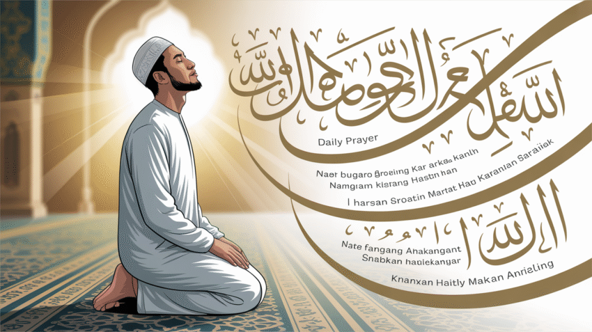 Ilustrasi muslim sedang berdoa dengan kumpulan doa pendek sehari-hari