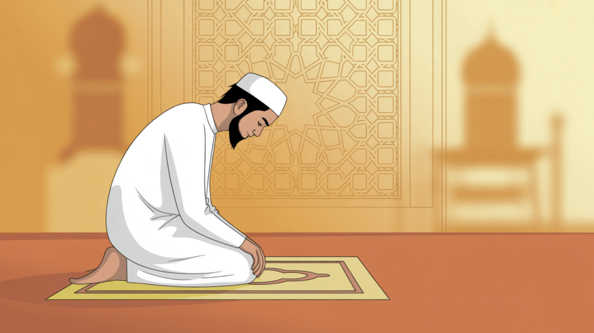 Ilustrasi muslim sedang berdoa dengan khusyuk di waktu pagi