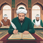 Ilustrasi cendekiawan Islam sedang mempelajari dan menafsirkan Al-Qur'an